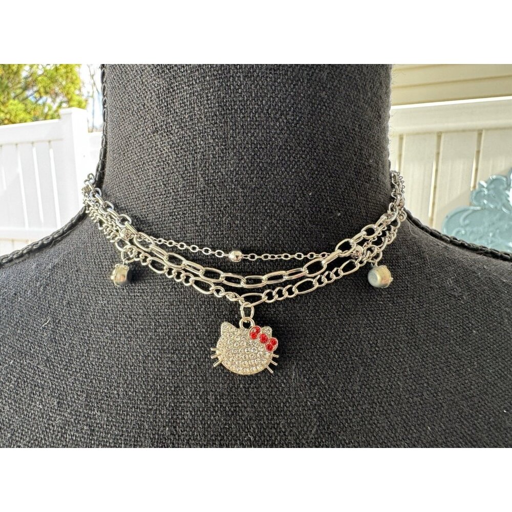 Hello Silvertone Necklace Trio (Set of 3 pieces) Kitty CZ  Charms NEW